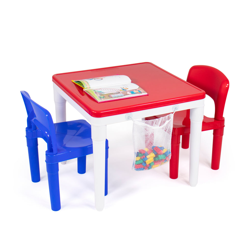 Kids 2-in-1 Plastic Building Blocks-Compatible Activity Table and 2 Chairs Set, Square, White/Blue/Red