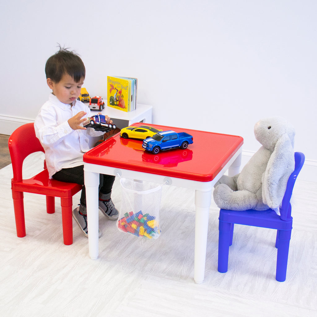 Kids 2-in-1 Plastic Building Blocks-Compatible Activity Table and 2 Chairs Set, Square, White/Blue/Red