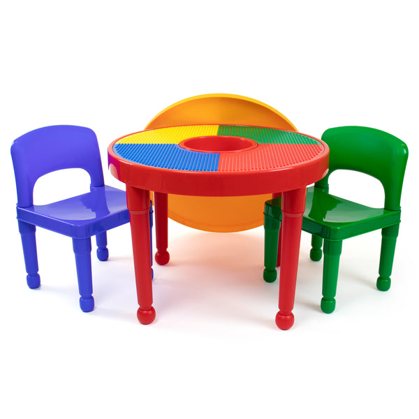 Primary Kids 2-in-1 Plastic Building Blocks-Compatible, Dry Erase Activity Table and 2 Chairs Set, Red/Green/Blue