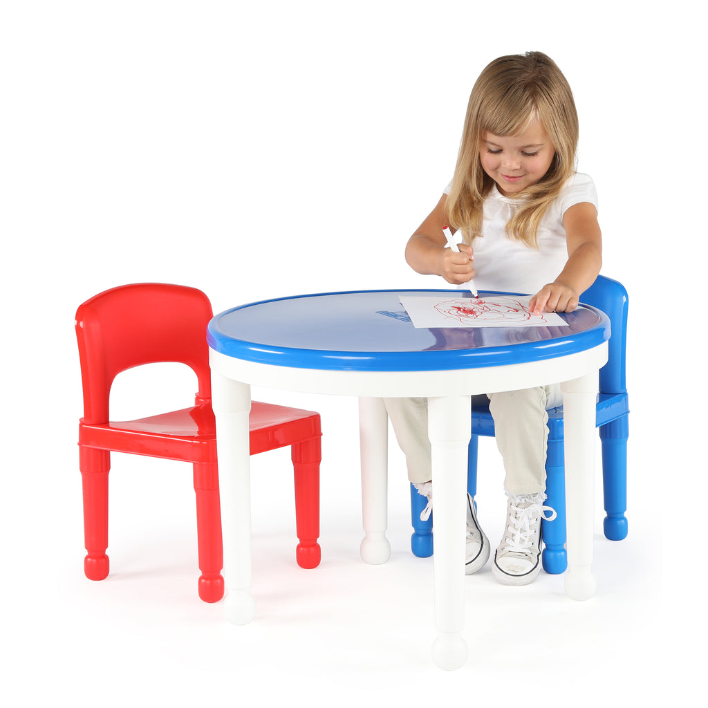 Kids Activity Building Block Play Table & 2 Chairs Set, White/Primary
