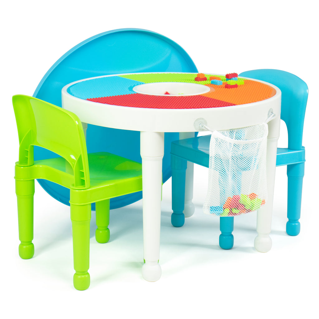 Kids 2-in-1 Round Activity Table and 2 Chair Set with 100 Pc Plastic Building Block Starter Set