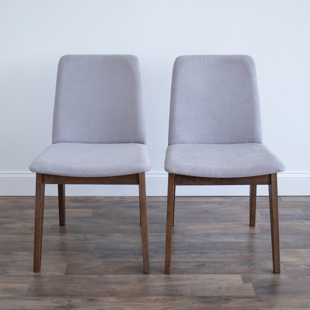 Set of 2 Dining Accent Chairs, Grey Cushion Upholstered, Wood Legs