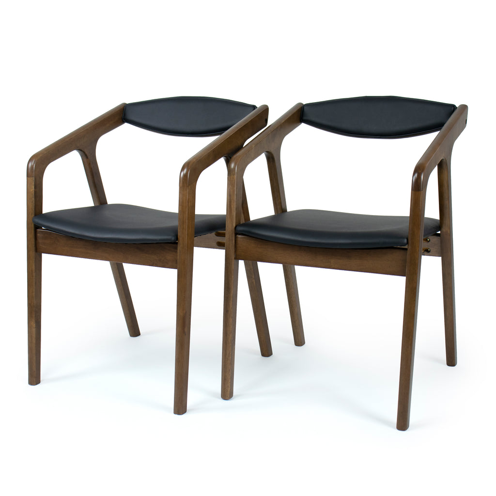 Set of 2 Dining Accent Chairs with Arms, Black Leather Cushion Seat, Walnut Wood Finish