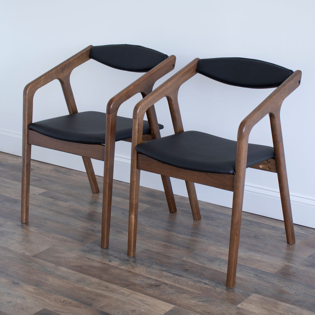 Set of 2 Dining Accent Chairs with Arms, Black Leather Cushion Seat, Walnut Wood Finish