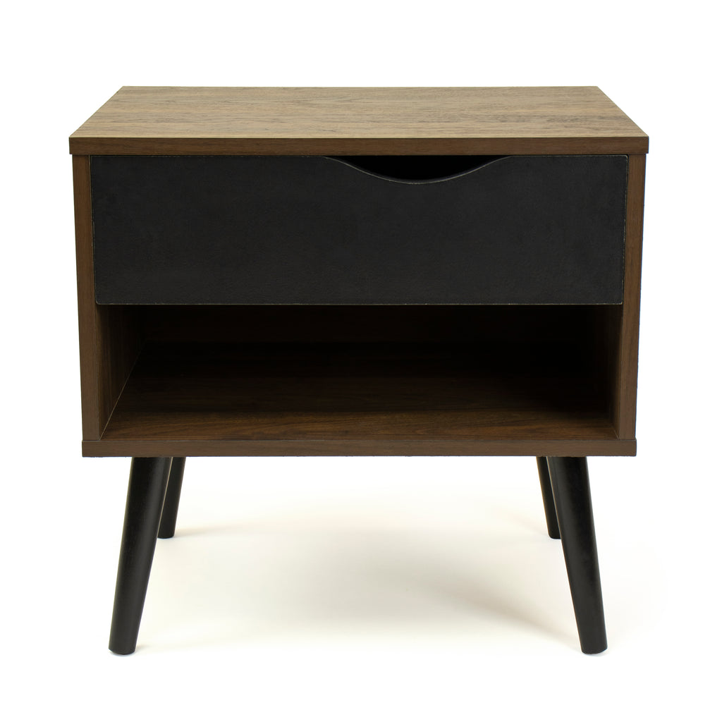 Seine End Table Nightstand with Shelf and Drawer Storage, Dark Walnut/Black