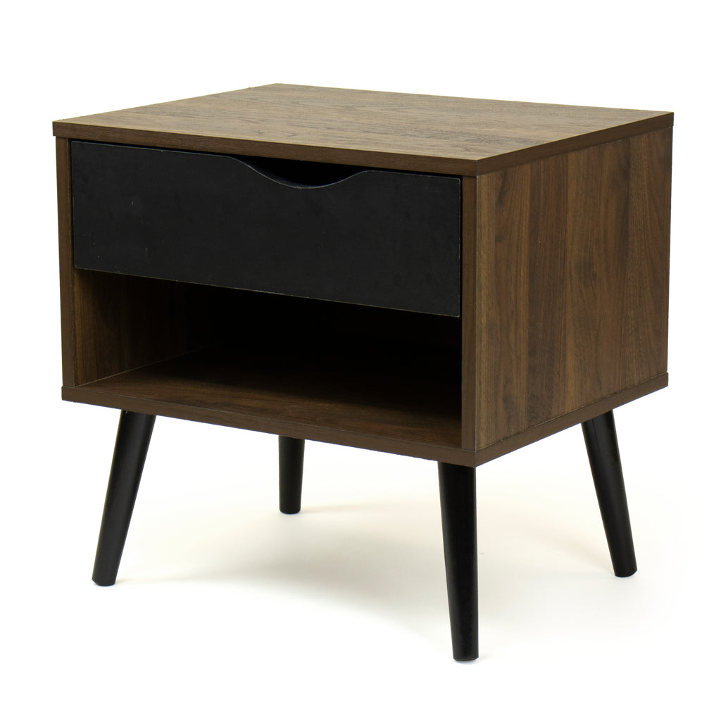 Seine End Table Nightstand with Shelf and Drawer Storage, Dark Walnut/Black