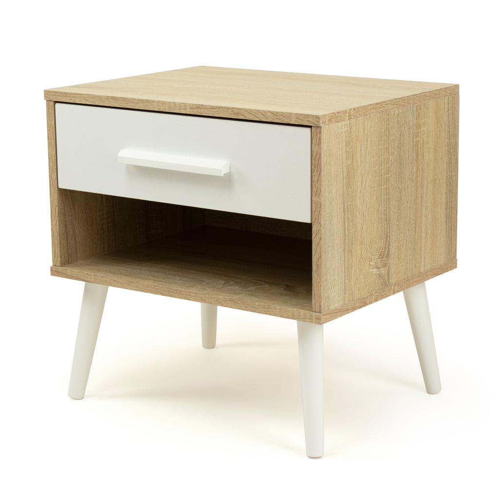 Stockholm End Table Nightstand with Shelf and Drawer Storage, Oak/White