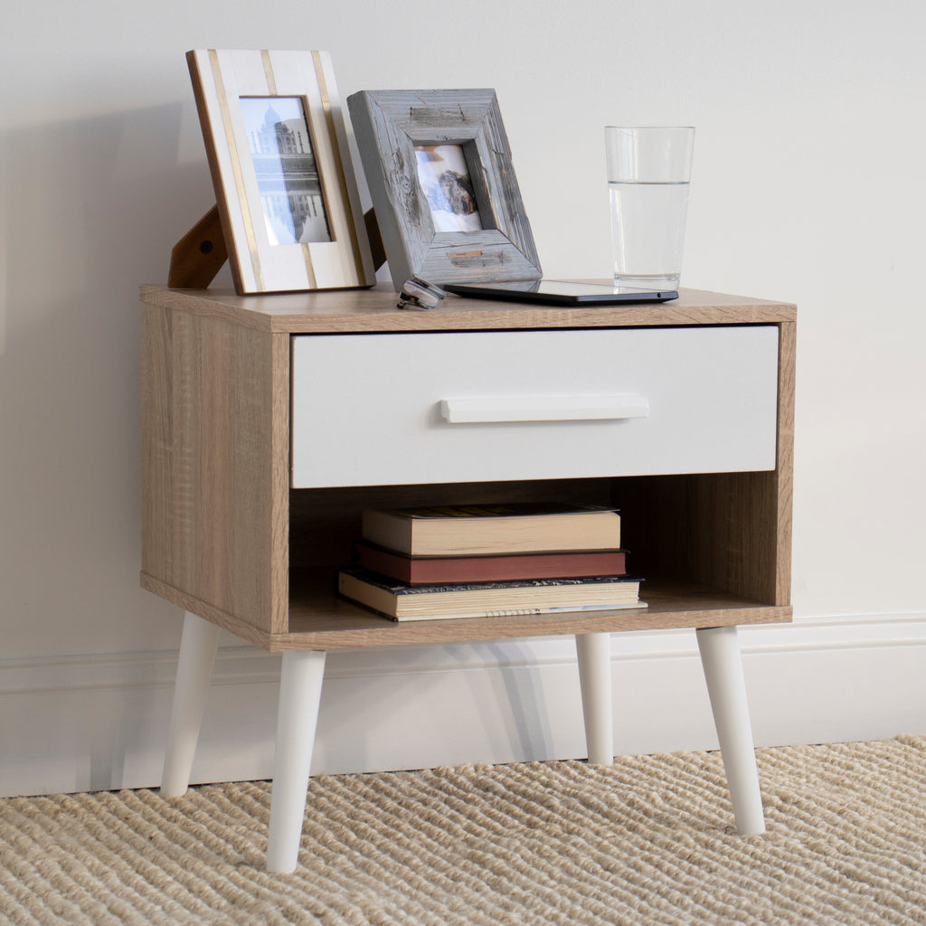 Stockholm End Table Nightstand with Shelf and Drawer Storage, Oak/White