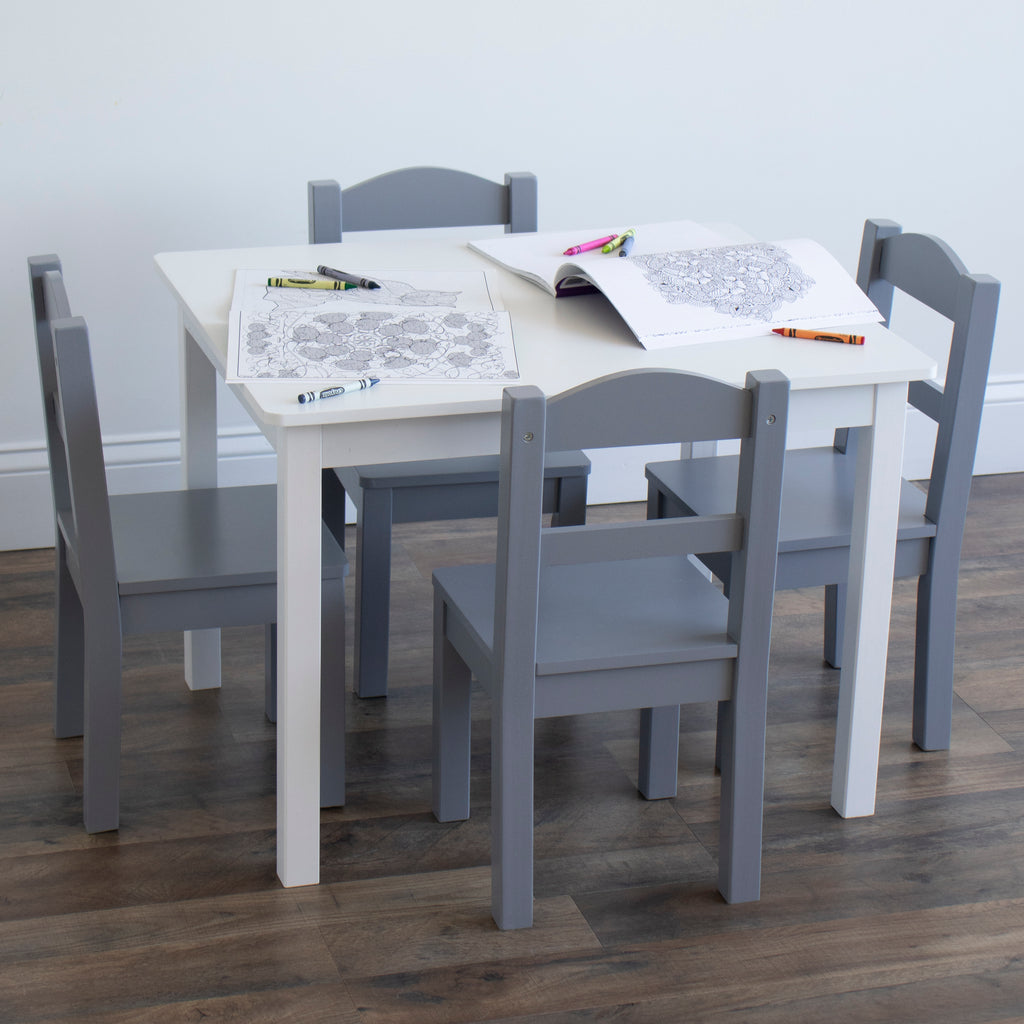 Springfield White Wood Kids Table & 4 Grey Chairs