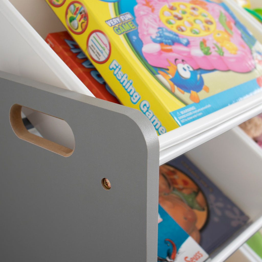 Zoomie Kids Inspire Kids Read N’ Play 6 Bin Toy Organizer and 2 Tier Bookrack, Grey/White Zoomie Kids
