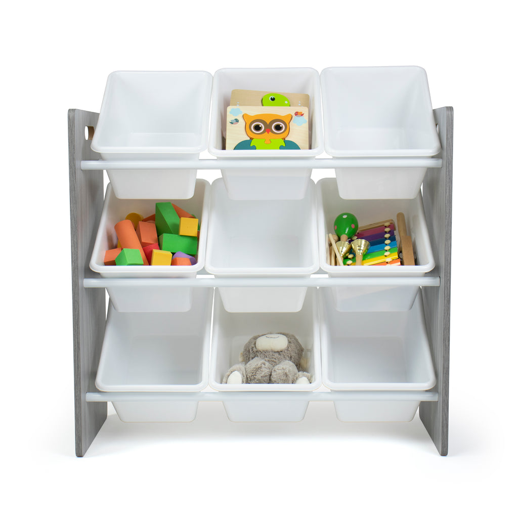Slate Toy Storage Organizer with 9 Storage Bins, Grey Wood Grain/White
