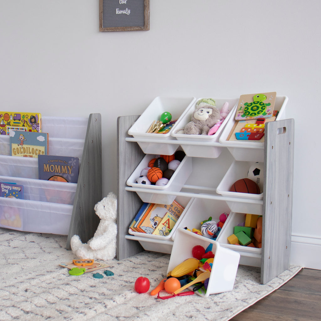Slate Toy Storage Organizer with 9 Storage Bins, Grey Wood Grain/White